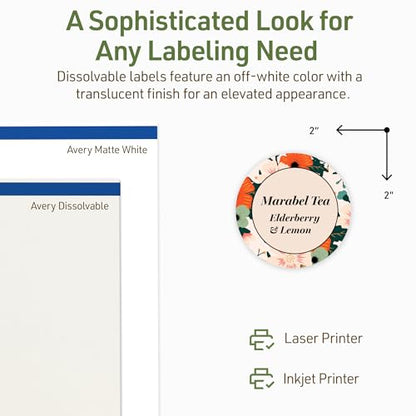Avery Dissolvable Round Labels, Sure Feed Technology, 2" Diameter, Matte White, Print-to-The-Edge, Laser/Inkjet Printable, 300 Labels Total - style: 300 labels