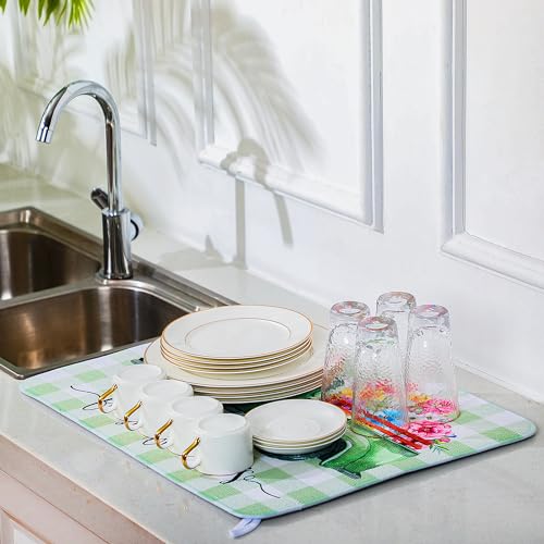 SiliFine 2 Pcs Dish Drying Mat for Kitchen, Spring Floral Absorbent Microfiber Dish Mat Counter 18 x 24 Inch Truck Flower Leaves Draining Green Drying Reusable Washable Pad - style: Spring