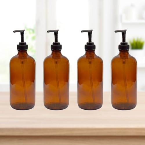 Cornucopia Brands 8oz Glass Pump Bottles (Pack of 4, Amber Brown) Lotion Soap Dispensers w/Black Plastic Pumps
