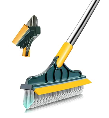 2 in 1 Floor Brush Scrubber with Long Handle Grout Brush 3 Poles 53.5'' New Upgrade Stiff Bristle Cleaning Scrub Brush with Squeegee 120°Rotating Tile Brush for Cleaning Bathroom Glass Patio Kitchen - color: Green