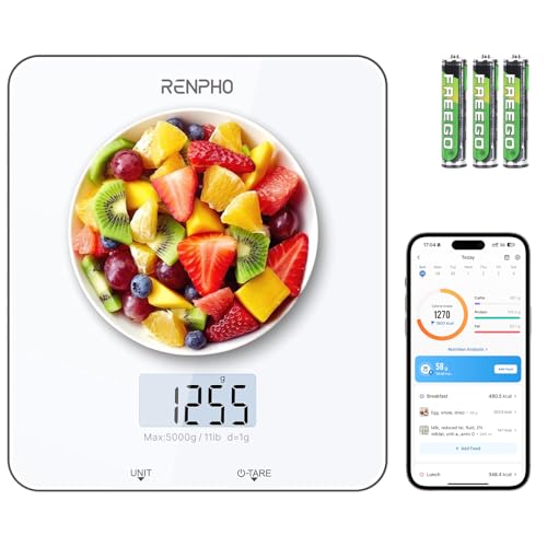 RENPHO Food Scale with Nutritional Calculator, Digital Kitchen Scale for Weight Loss, Smart Food Weight Scale with App for Macro Keto Calorie Cooking, Grams and Ounces, White, 11lb/5kg - color: White