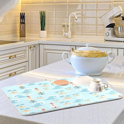 Ocean Lighthouse Palm Tree Dish Drying Mat for Kitchen Counter Super Absorbent Draining Mat with Non-slip Backed Dish Drying Pad for Countertops Sinks Draining Racks Dish Bottles Cups Bowl