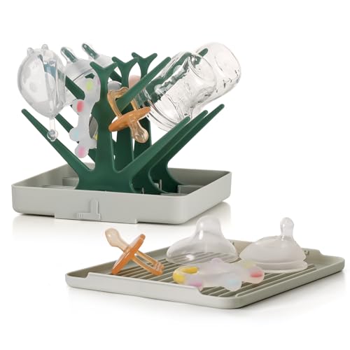 haakaa Portable Baby Bottle Drying Rack with Tray,Foldable Space Saving Bottle Drying Tree for Bottles/Pump Parts/Pacifiers,Easy-Store Dryer Rack Great for Travel & Home, BPA Free (Green) - color: Forest Green