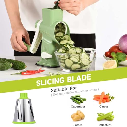 Rotary Cheese Grater Hand Crank Transparent - Shredder Slicer Grinder 3 Stainless Steel Blades, Stable Suction, Labor-Saving Handle, Safe Kitchen Tool for Cheese, Vegetable, Nuts, Chocolate - color: Green