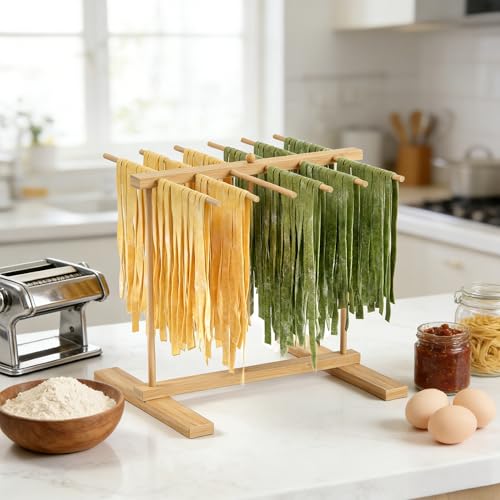 Bamboo Pasta Drying Rack with Transfer Wand and 12 Bars, Noodle Drying Rack for Pasta, Pasta Dryer Stand, Pasta Hanger for Kitchen