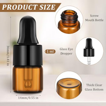 Nuogo 100 Pcs Mini Amber Glass Oil Dropper Bottle Bulk, Clear Essential Small Empty Sample Vial with Dropper and Black Caps Tiny Amber Glass Bottles Perfume Jars for Travel(1 ml) - size: 1 ml