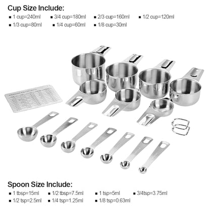 Measuring Cups and Spoons Set Heavy Duty 304 Metal Stainless Steel Measuring Cup Spoon Kitchen Gadgets for Cooking Baking (Set of 17) - size: Set of 17
