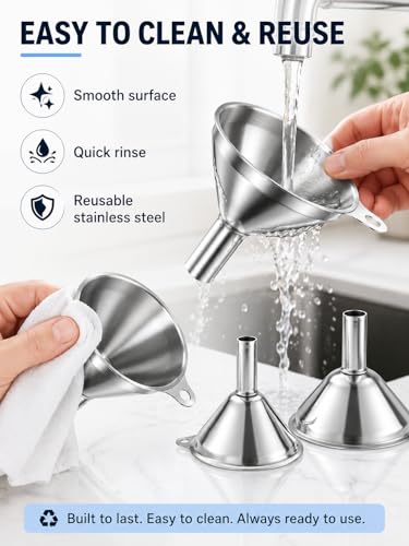 3-Pack Stainless Steel Mini Kitchen Funnel Set, Durable Metal Filling Funnel for Transferring Liquids, Dry Ingredients, Cosmetic Lotions, Liquids, Fragrances, Powders -High Temperature Resistant