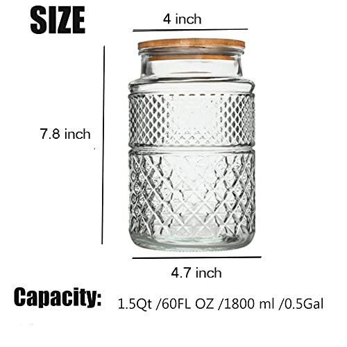 Large Glass Storage Jar, 60 FL OZ Glass Food Storage Containers with Bamboo Lid, Kitchen Laundry Room Organization Jar for Cookies Coffee Flour Sugar Laundry Pods Detergent Airtight Glass Jars