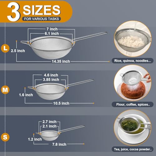 Ydeapi Fine Mesh Strainer, Stainless Steel Strainers with Sturdy Handle, Set of 3 Metal Sieve for Kitchen Food, Rice, Quinoa, Tea - 7", 4.6", 2.7" - size: 7" + 4.6" + 2.7"