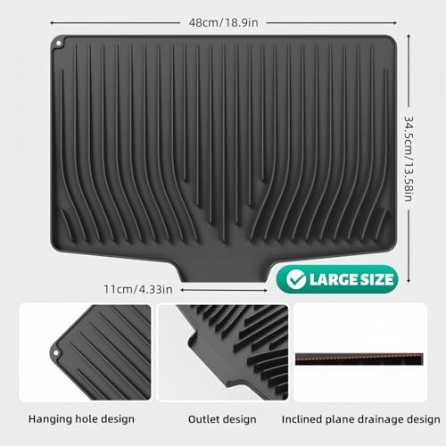 CIEO Silicone Dish Drying Mat for Kitchen Counter, Slope Fast Self-Draining, Non-Slip Drain Pad, Easy Clean Countertop Protection Mat, Multiple Use for Dishes Drying Rack（18.9"x 11.9",Black）