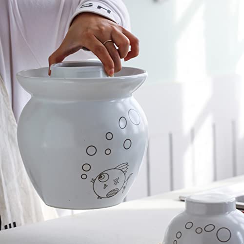 ZHOUXIAO White Traditional Chinese Ceramic Fermentation Crock Jar Pickling Jar with Water Seal Airlock Lid,Large Thickened Ceramic Pickle Jar Kimchi Pot Storage Containers 0.6KG