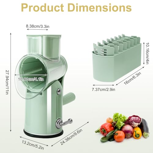 5 in 1 Cheese Grater with Rotary Hand Crank - Vegetable Chopper with Replaceable Stainless Blades, Strong Suction Base, Handle, Blade Storage Box, Easy-Clean Multipurpose Kitchen Slicer (Green) - color: Green