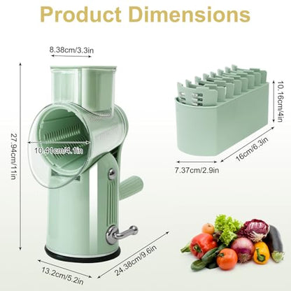 5 in 1 Cheese Grater with Rotary Hand Crank - Vegetable Chopper with Replaceable Stainless Blades, Strong Suction Base, Handle, Blade Storage Box, Easy-Clean Multipurpose Kitchen Slicer (Green) - color: Green