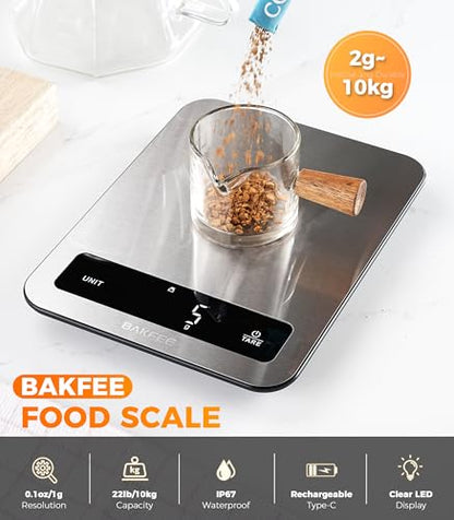 100% Waterproof Food Scale, IP67 Digital Kitchen Scale, Rechargeable (USB-C), 0.1oz/1g Precision, 22lb Capacity, Stainless Steel & Tempered Glass, for Cooking, Making Sourdough Bread, Black - color: Black