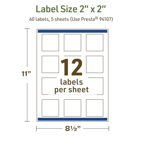 Avery Dissolvable Square Labels, Sure Feed Technology, 2" x 2", Matte White, Print-to-The-Edge, Laser/Inkjet Printable, 60 Labels Total - style: 60 labels