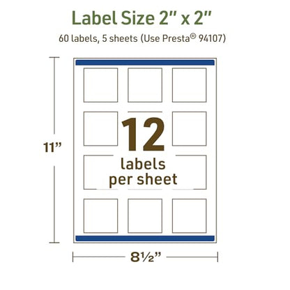 Avery Dissolvable Square Labels, Sure Feed Technology, 2" x 2", Matte White, Print-to-The-Edge, Laser/Inkjet Printable, 60 Labels Total - style: 60 labels