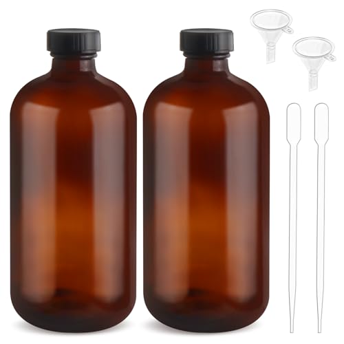 480ml/16oz Amber Glass Bottles Brown Round Bottle Containers with Black Leak Proof Seal Caps for Homemade Essential Oils Lab Home Kitchen - 2 Pcs - color: 2 Pcs