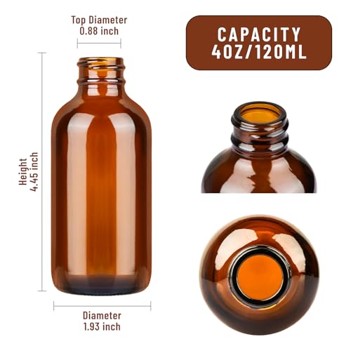 PINIWON 36 Pack 4 oz Amber Glass Bottles, 120ml Boston Round Sample Bottles with Black Poly Cone Caps, Labels, Funnels and Brush - color: Amber-36 pack