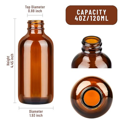 PINIWON 36 Pack 4 oz Amber Glass Bottles, 120ml Boston Round Sample Bottles with Black Poly Cone Caps, Labels, Funnels and Brush - color: Amber-36 pack