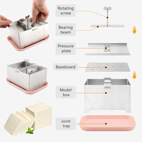 Stainless Steel Tofu Press, DIY Tofu Maker with To-fu Presser Towel and Drip Tray TofuPress Dishwasher Safe for Cheese, Yogurt Ham Press,Meat Pressing Paneer Make Vegetarian