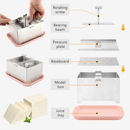 Stainless Steel Tofu Press, DIY Tofu Maker with To-fu Presser Towel and Drip Tray TofuPress Dishwasher Safe for Cheese, Yogurt Ham Press,Meat Pressing Paneer Make Vegetarian