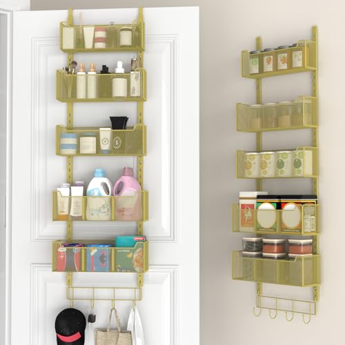 VyGrow Over The Door Organizer, Metal Door Organizer Hanging with 5 Adjustable Baskets and Coat Hook, Behind The Door Storage for Bedroom Closet Bathroom Pantry Cabinet Kitchen, Gold - color: Gold, size: 5-tier