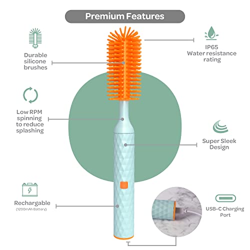 Büki Electric Baby Bottle Cleaning Brush Set - Rechargeable Electric Bottle Brush with Straw Cleaner - Water Bottle Cleaning Kit, Nipple Brush, 1200mAh Brush Cleaner (by Kindersense)