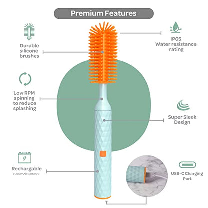 Büki Electric Baby Bottle Cleaning Brush Set - Rechargeable Electric Bottle Brush with Straw Cleaner - Water Bottle Cleaning Kit, Nipple Brush, 1200mAh Brush Cleaner (by Kindersense)