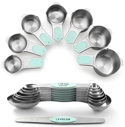 Spring Chef Magnetic Measuring Cups & Spoons Set, Patented, Strong N45 Magnets, Heavy Duty Stainless Steel Fits in Spice Jars for Baking & Cooking, BPA Free, Round Set of 15 with Leveler, Mint - color: Mint, size: Set of 15