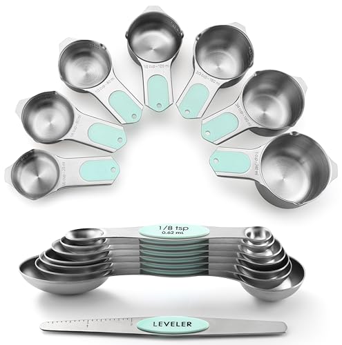 Spring Chef Magnetic Measuring Cups & Spoons Set, Patented, Strong N45 Magnets, Heavy Duty Stainless Steel Fits in Spice Jars for Baking & Cooking, BPA Free, Round Set of 15 with Leveler, Mint - color: Mint, size: Set of 15