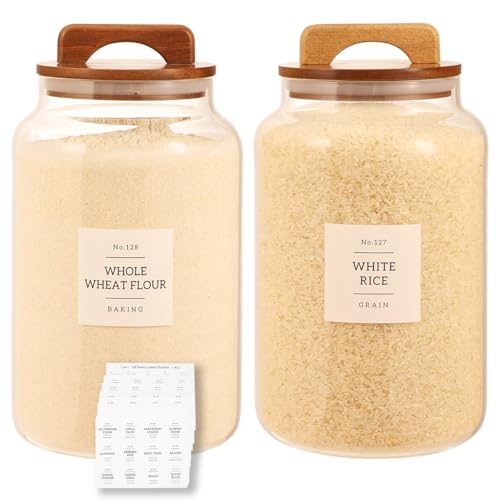 2 Pack Large Glass Flour and Sugar Containers with 132 Pantry Labels - 1 Gallon Glass Canisters with Bamboo Airtight Lids - Farmhouse Glass Cookie Jars for Rice, Pasta, Cereal, Bath Salt - size: 1 Gallon-2 Pack