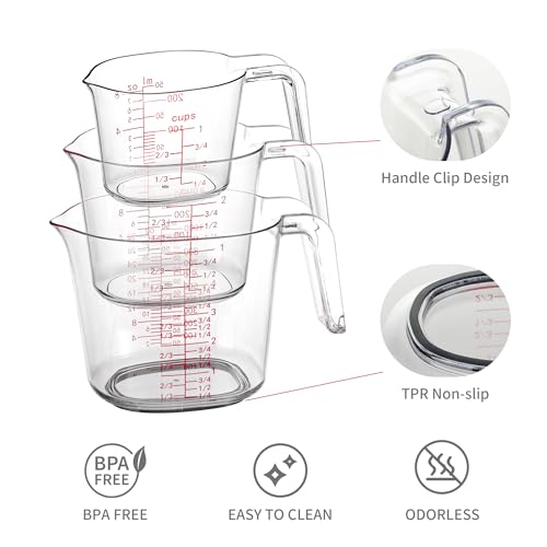 3-Piece Nesting Liquid Measuring Cups Set, Clear Plastic Measuring Jugs with Spout and Multiple Measurement Scales, 1 Cup, 2 Cup, 4 Cup for Baking and Cooking