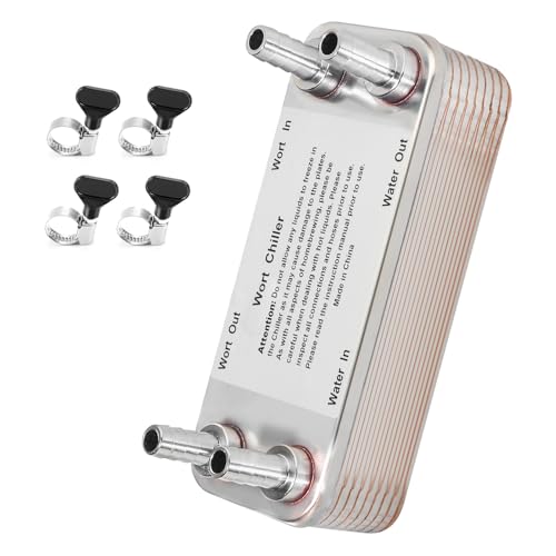 FERRODAY Wort Chiller, 20 Plate 1/2 Barb Fitting Plate wort Chiller, Stainless Steel Brazed Plate Heat Exchanger for Homebrew, beer brewing chiller Wort Cooler Heat Exchanger-7.5" x 1.9"