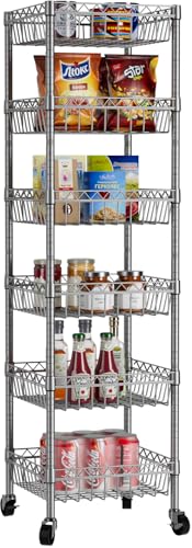 Golpart Basket Shelves Closet Rack with Wheels Metal Pantry Wire Shelf Unit | 6 tier Storage Rolling Shelving Bathroom Organizers Kitchen Garage Laundry Room Organization Home 13.6"Dx13.6"Wx63"H Grey - color: Grey, size: 6-tier-[13.6"Dx13.6"Wx63"H]