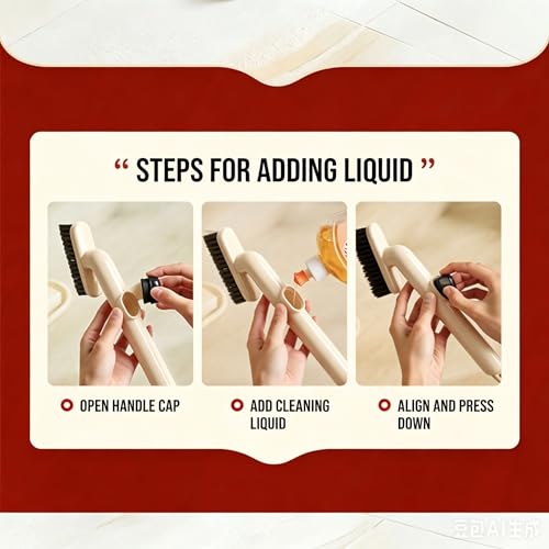 Liquid Storage Cleaning Brush, 9" Multi-Purpose Scrub Brush with Soap Reservoir, Refillable Handle for Bathroom Tile, Kitchen Floor, Bathtub, Shoes, Off-White & Red - color: White