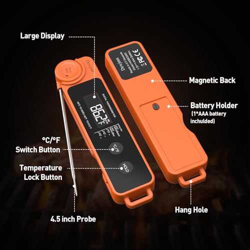 0.5 Sec Instant Read Meat Thermometer for Cooking, Ultra-Fast Digital Food Thermometer with Backlight, ±0.5°F Accuracy, IP67 Waterproof，Auto-Rotate/On/Off–Perfect for Grilling, BBQ, Smoker-Tangerine