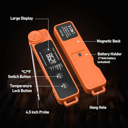 0.5 Sec Instant Read Meat Thermometer for Cooking, Ultra-Fast Digital Food Thermometer with Backlight, ±0.5°F Accuracy, IP67 Waterproof，Auto-Rotate/On/Off–Perfect for Grilling, BBQ, Smoker-Tangerine