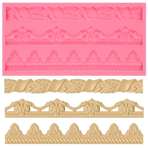 Art Molds for Cake Decoration, Baroque Scroll Silicone Fondant Molds, Floral Relief Border Chocolate Baking Molds for Resin Plaster Air Dry Clay(3-Cavity) - color: pink(M11)
