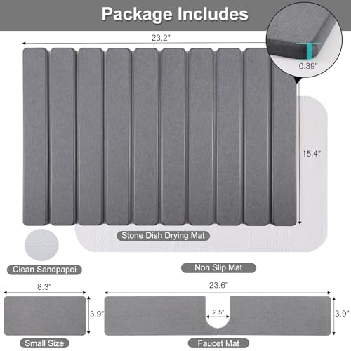Diatomaceous Stone Drying Mat for Kitchen Counter with Sink Faucet Mat, Gray Absorbent Quick Dry Dish Drying Mat Set, Diatomite Stone Slat Countertop Pad for Dishes, Cups - color: Gray