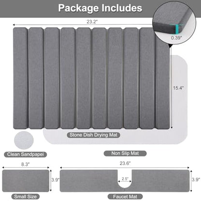 Diatomaceous Stone Drying Mat for Kitchen Counter with Sink Faucet Mat, Gray Absorbent Quick Dry Dish Drying Mat Set, Diatomite Stone Slat Countertop Pad for Dishes, Cups - color: Gray