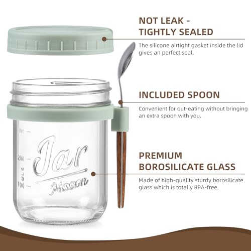 LANDNEOO 4 Pack Overnight Oats Containers with Lids and Spoons, 16 oz Glass Mason Jars with Airtight Lids, Overnight Oats Jars for Milk, Cereal, Fruit-Green - color: Green