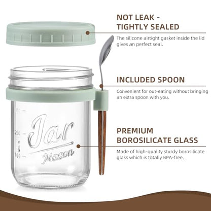 6 Pack Overnight Oats Containers with Lids and Spoons, 16 oz Glass Mason Overnight Oats Jars, Large Capacity Airtight Jars for Milk, Cereal, Fruit(Green) - color: Green
