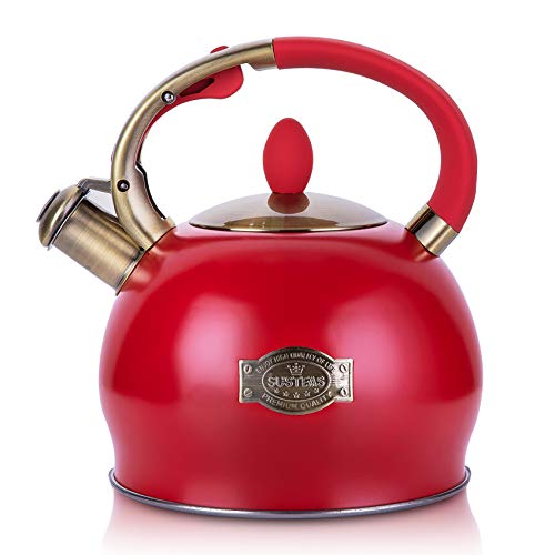 SUSTEAS Stove Top Whistling Tea Kettle - Food Grade Stainless Steel Teakettle Teapot with Cool Touch Ergonomic Handle, With 1 Silicone Pinch Mitt Included, 2.64 Quart(RED) - color: Red