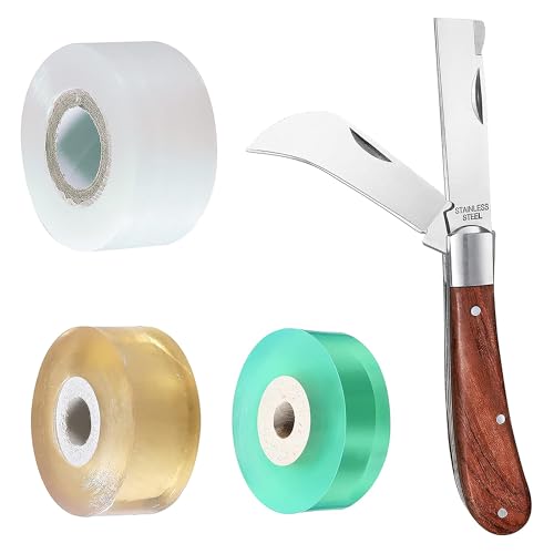 Garden Grafting knife,Stainless Steel Double Blades Rosewood Handle Pruning Knife,3 Grafting Tape Buddy Tape for Fruit Trees,Gardening Grafting Tool