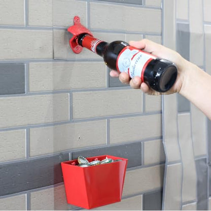 Red Bottle Cap Catcher Wall Mounted Stainless Steel 5" | Red Powder Coated, Beer Cola Top Bucket, With Screws, Mountable for Post Table - color: Red