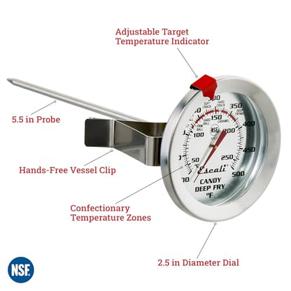 Escali AHC1 Stainless Steel Deep Frying and Candy Thermometer with Pot Clip, 5-Inch Probe with Candy Temperature Zones, NSF Certified - style: Short Probe