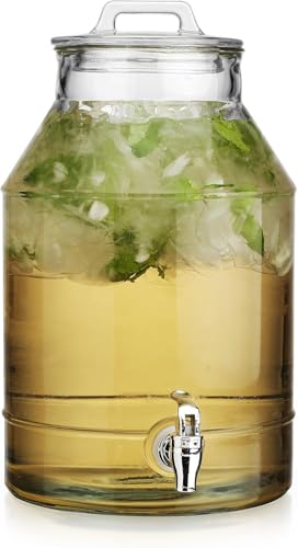 3 Gallon Glass Drink Dispensers For Parties,Classic Mason Jug Beverage Dispensers With Glass Lid With Handle And 100% Leakproof Spigot.Glass Water Jug Dispenser,Lemonade Dispenser - color: Clear-3-Gallon