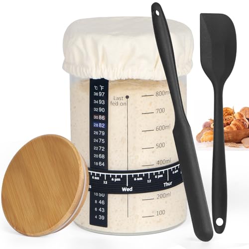 Sourdough Starter Jar Glass, 34 Oz DIY Wide-mouth Pro Sourdough Starter Jar Kit with Silicone Spatula,Cholkboard Sign, hermometer,Feeding Band,cloth cover, Reusable Sourdough Bread Baking Supplies. - color: ガラス