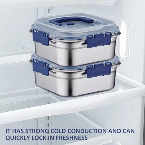 Stainless Steel Food Storage Containers, 2PCS Stainless Steel Containers with Lids, 1.8L Airtight Marinade Container with Handle & Buckle Oven Safe for Roasting, Brining, Meal Prep, Storing